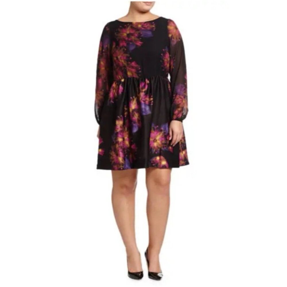 Taylor Dress 12 Black Plum Pink Floral Sheer Long Sleeve A Line Stretch NEW - Picture 4 of 15